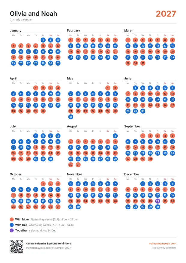 Sample of a printed custody calendar