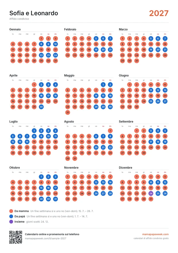 Esempio di calendario di affido condiviso stampato
