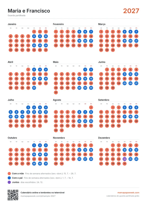 Exemplo de um calendário de guarda partilhada impresso